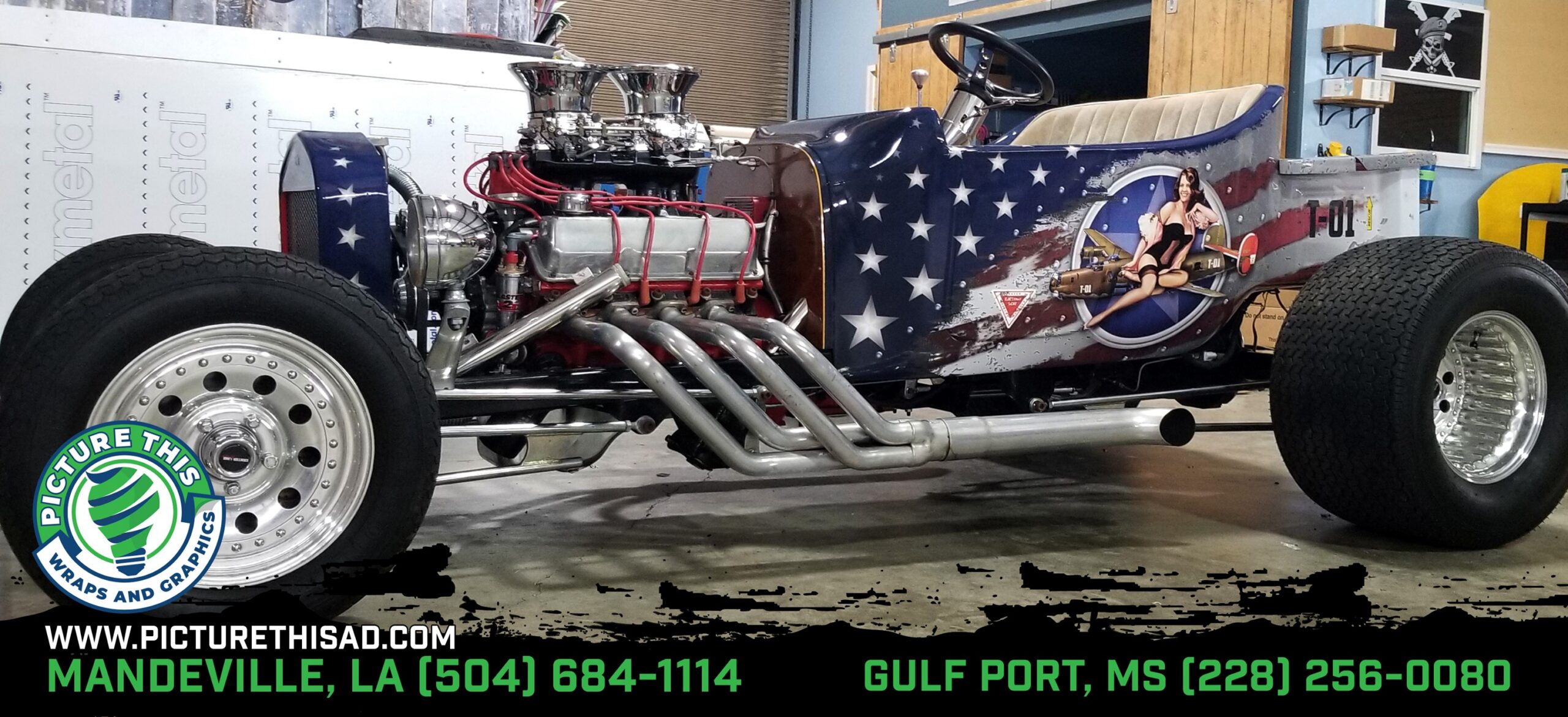 Custom patriotic hot rod graphics with American flag design