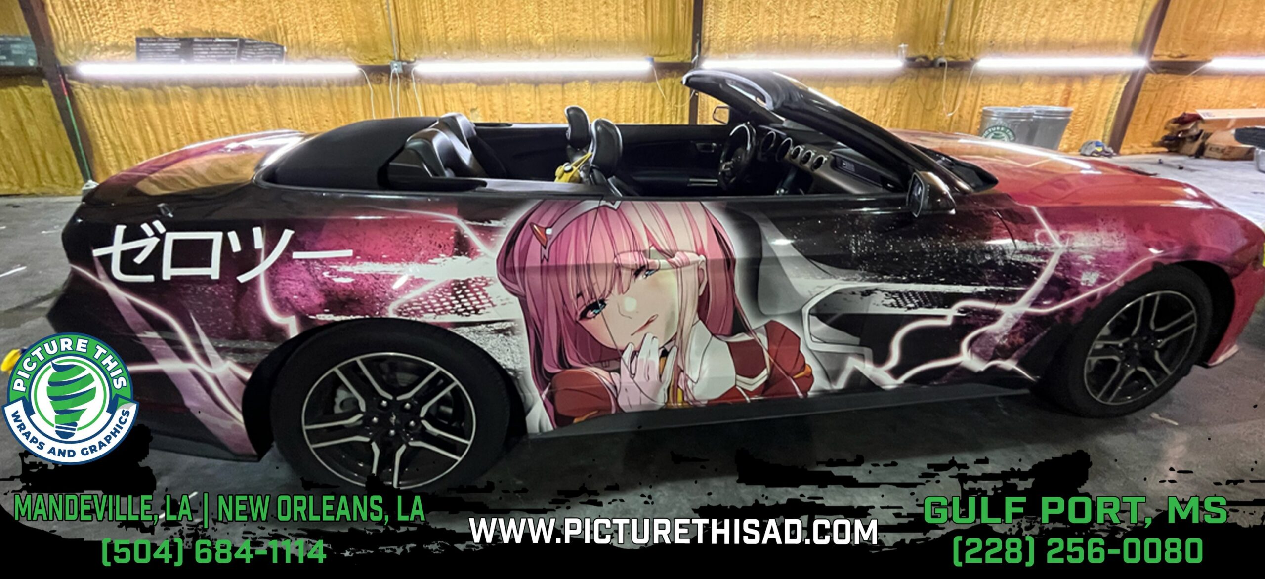 Mustang with themed anime custom wrap design
