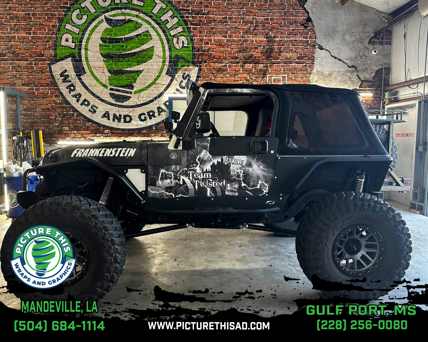 Frankenstein Jeep with unique custom printed graphics
