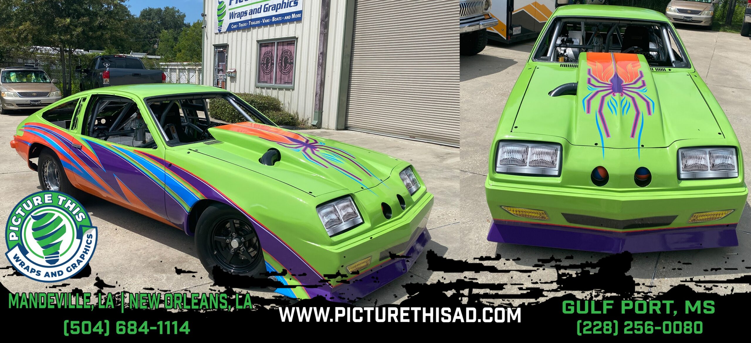 Bright green drag car with colorful custom printed racing graphics