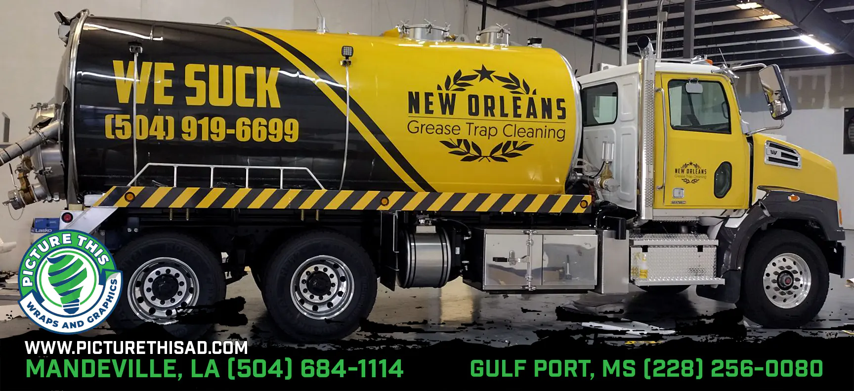 New Orleans Grease Trap Cleaning yellow and black tanker truck wrap