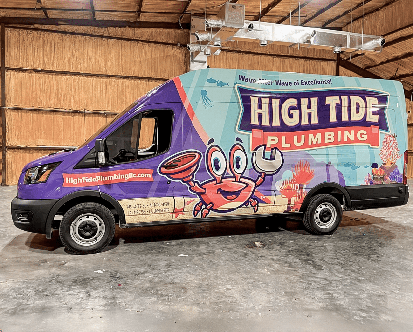 High Tide Plumbing colorful full cargo van wrap