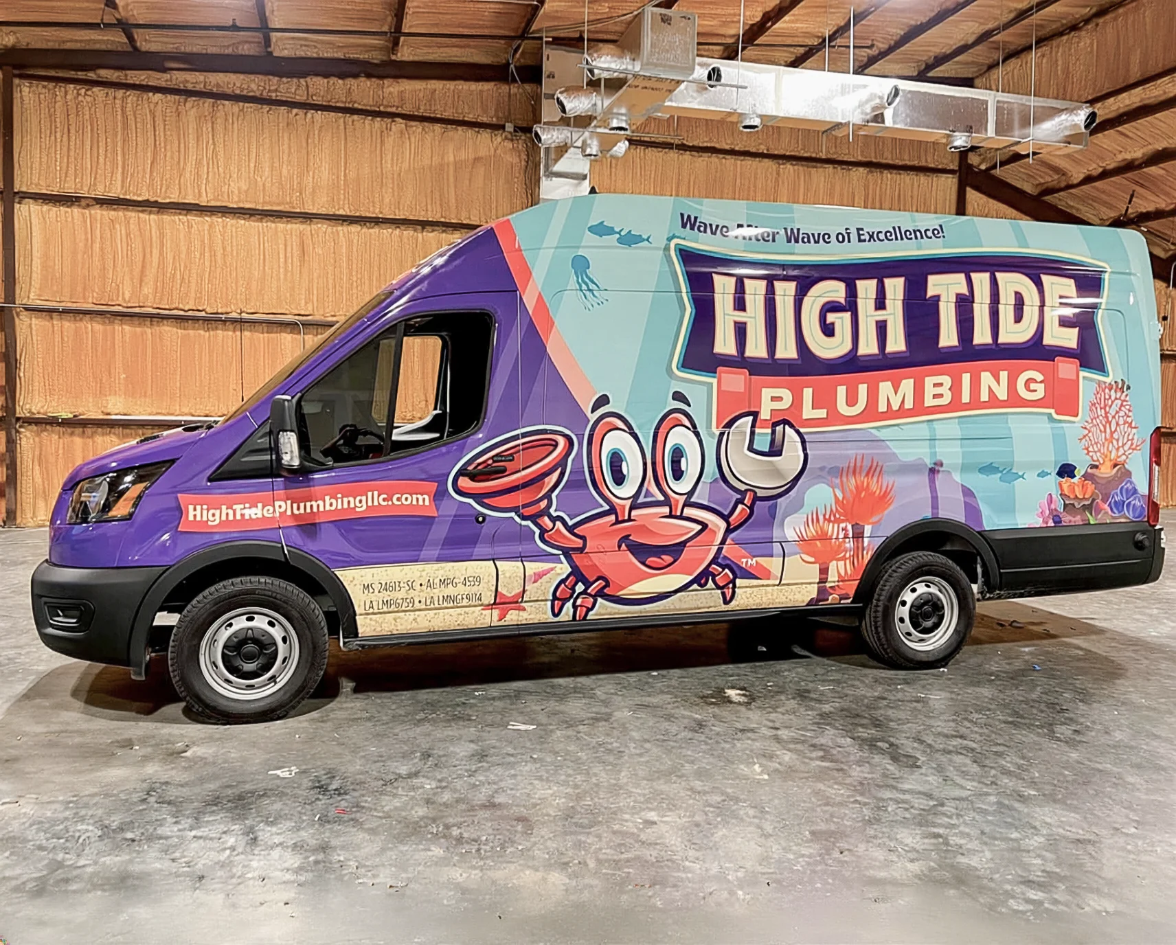High Tide Plumbing colorful full cargo van wrap