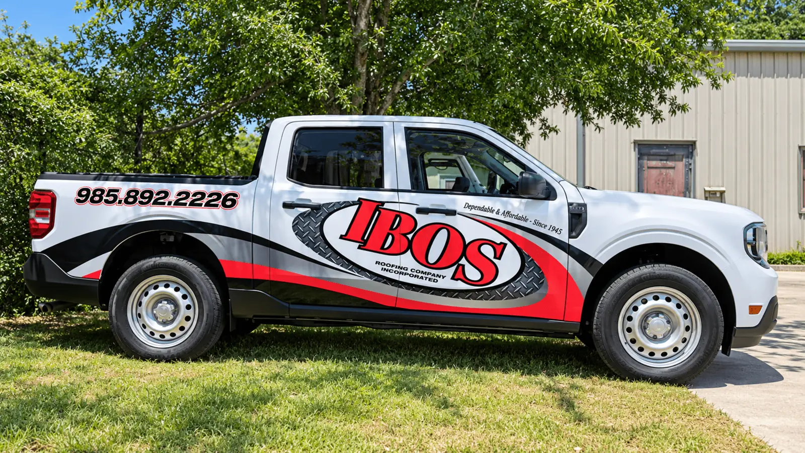 IBOS Roofing Ford Maverick commercial truck wrap