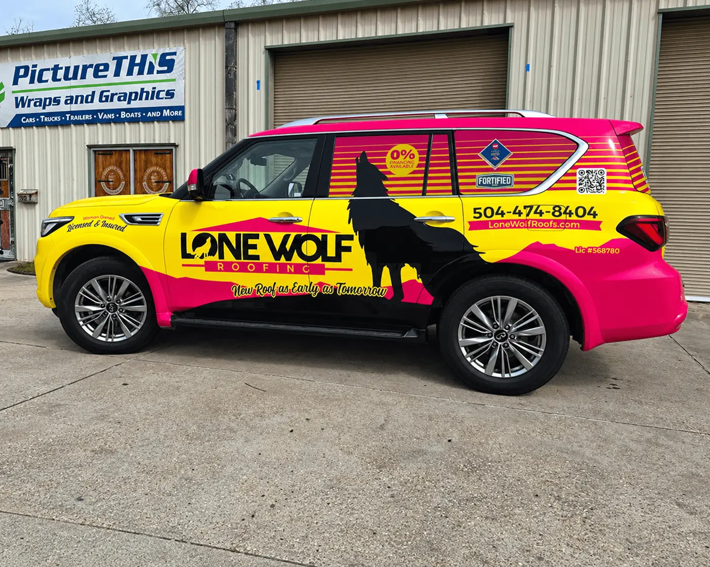 Lone Wolf Roofing SUV wrap and fleet graphics
