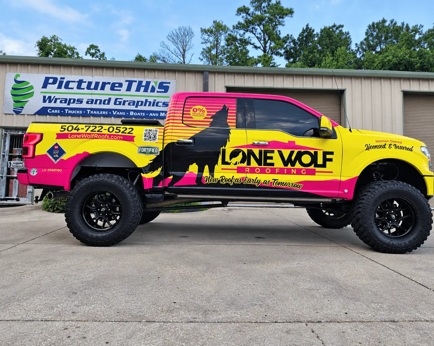 Lone Wolf Roofing full pickup truck wrap