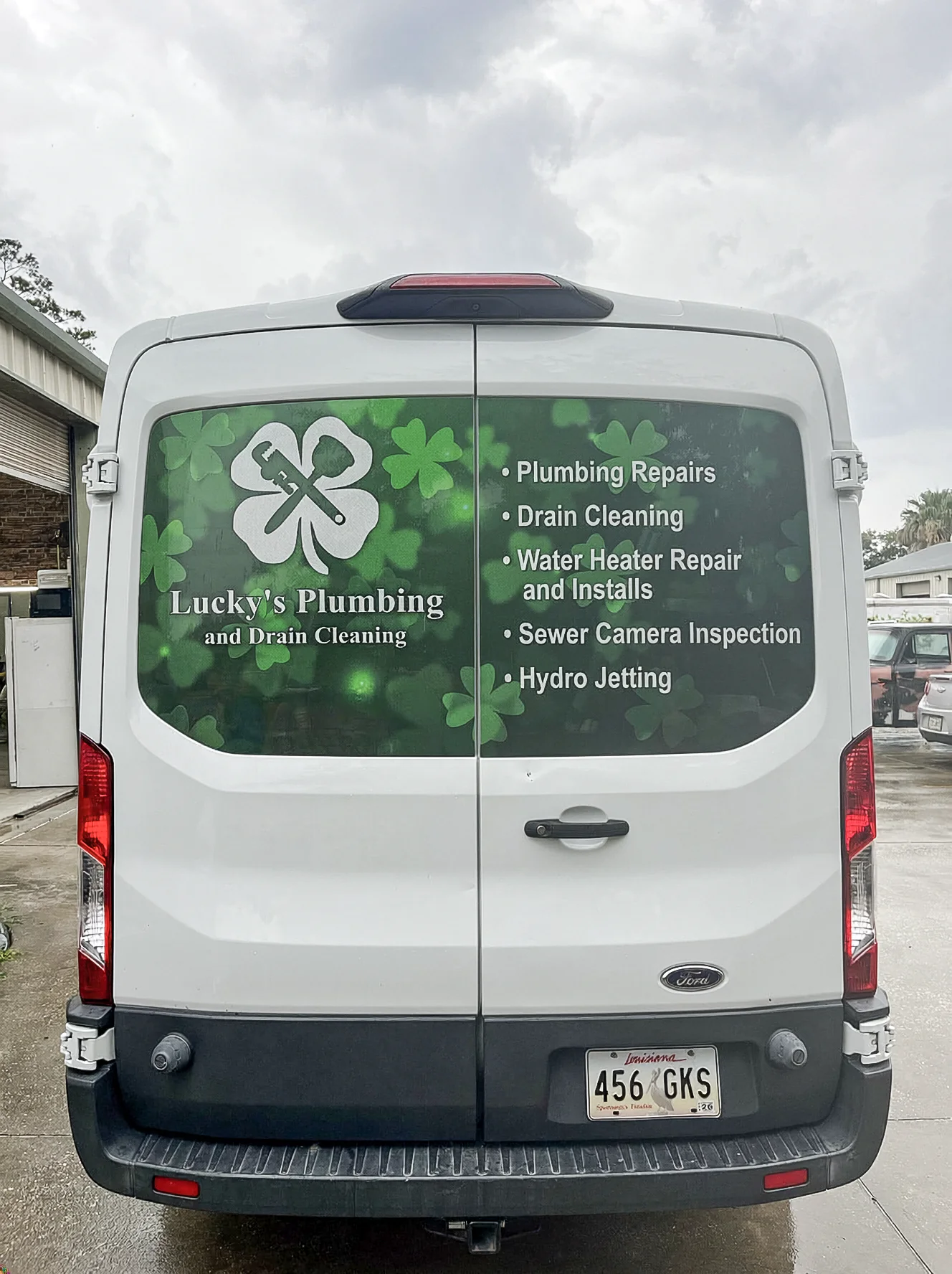 Lucky’s Plumbing rear cargo van door graphics