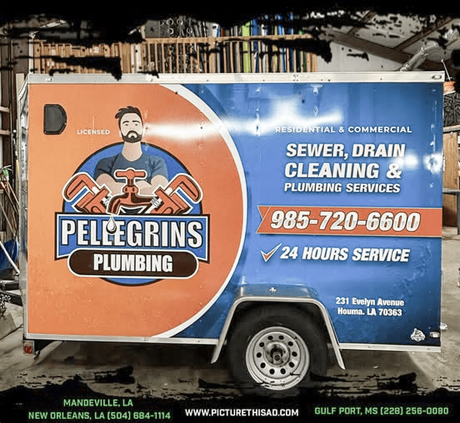 Pellegrin’s Plumbing enclosed service trailer wrap