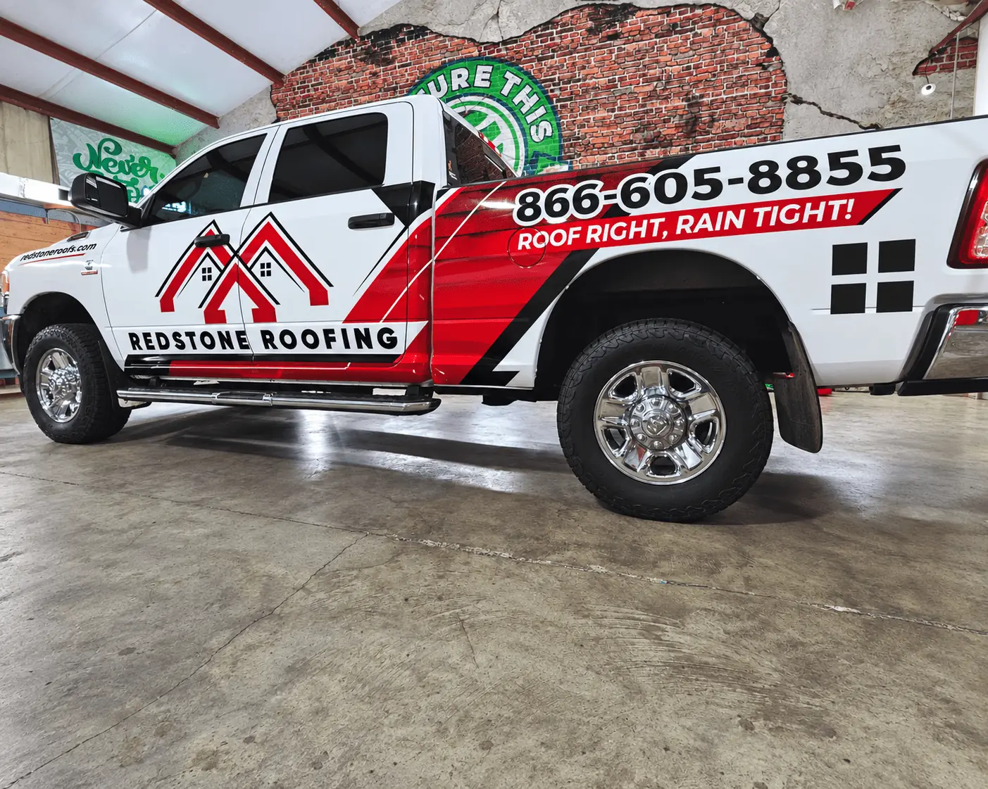 Redstone Roofing partial truck wrap