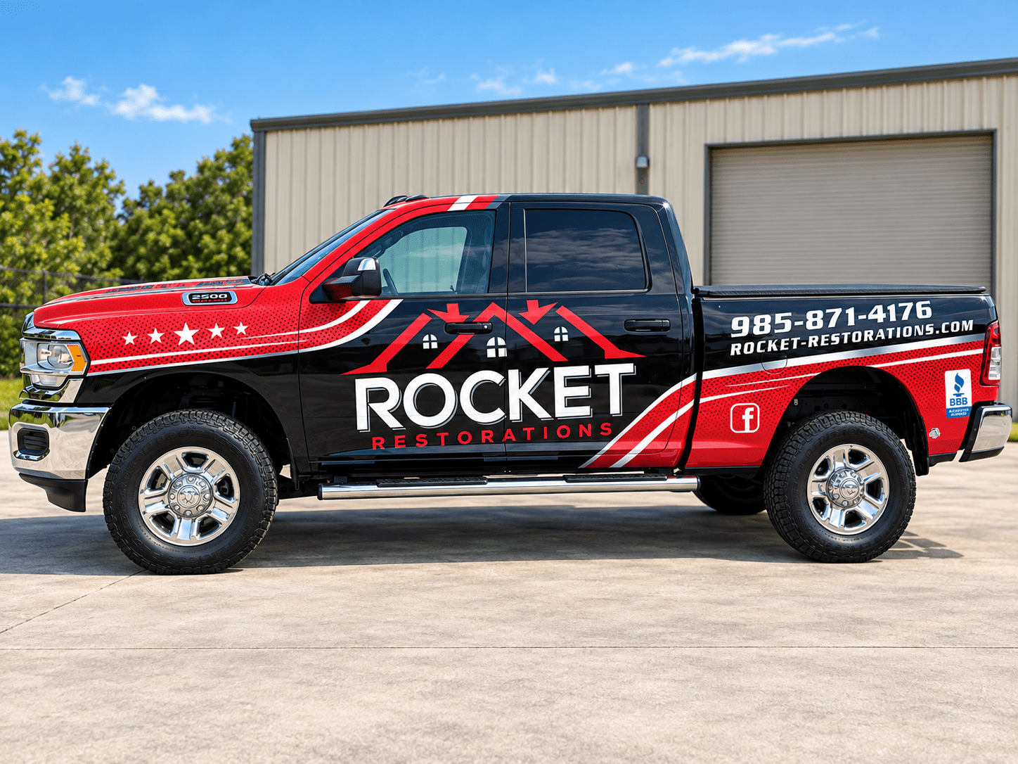Rocket Restorations full truck wrap for a restoration company