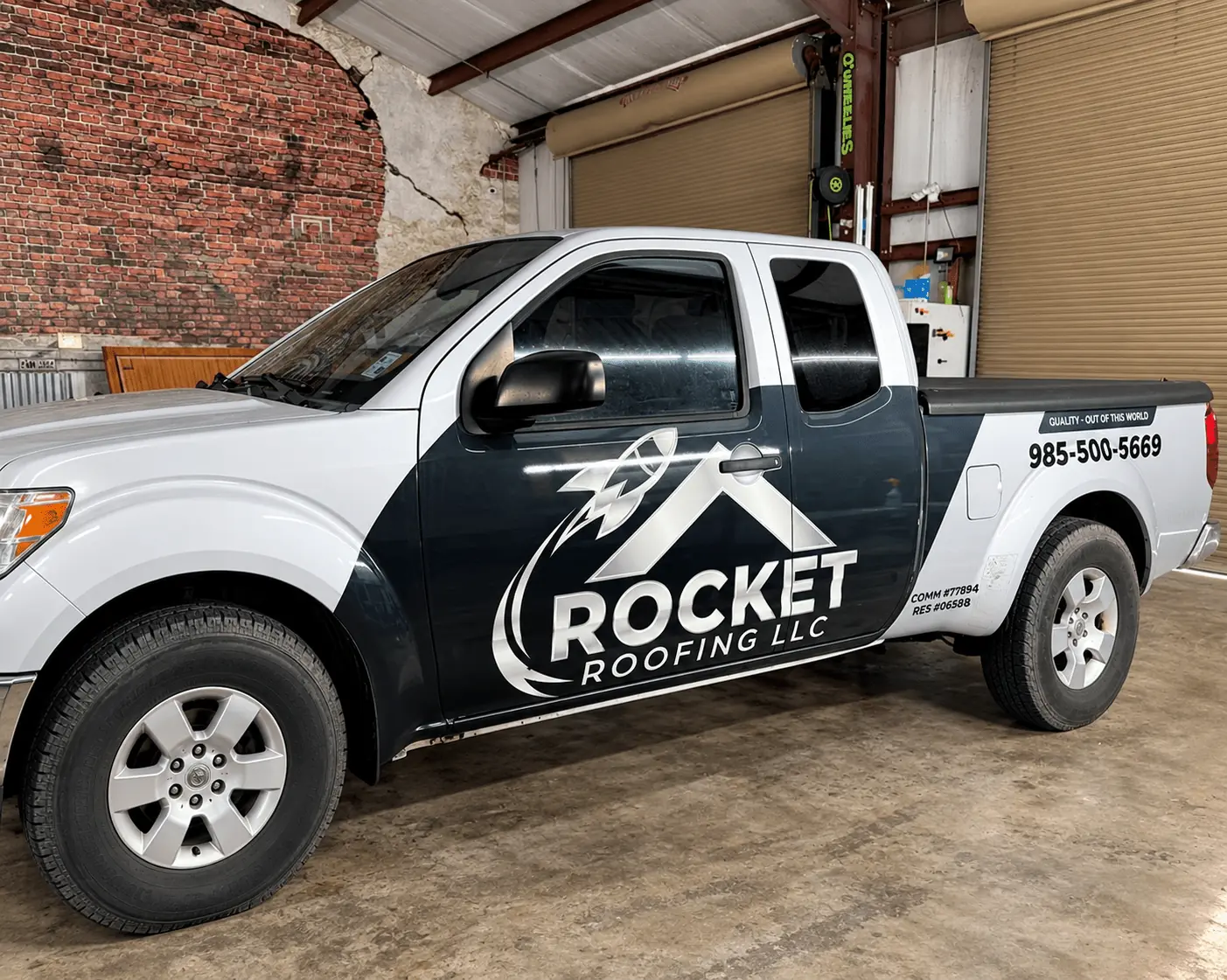 Rocket Roofing partial truck wrap