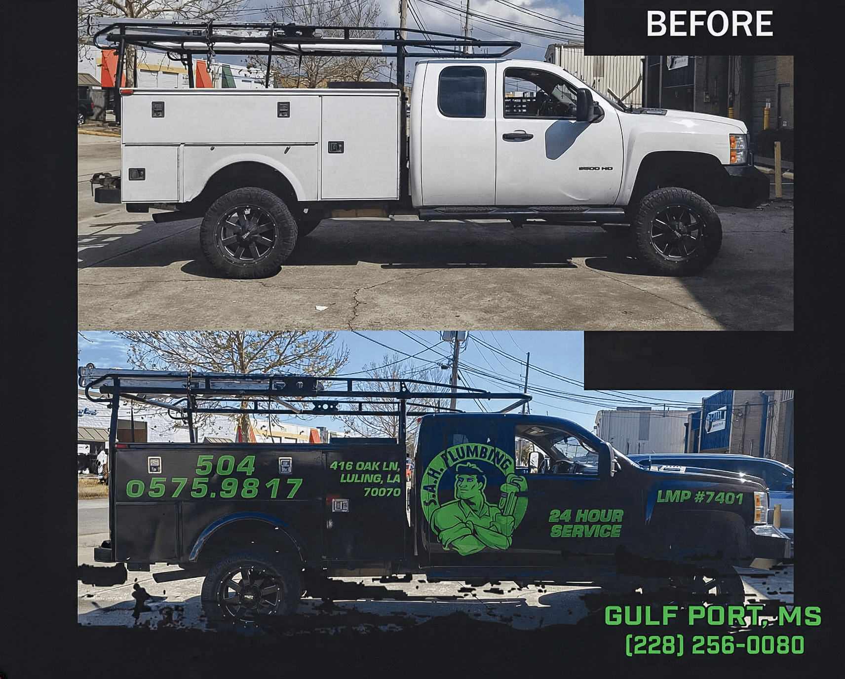 SAH Plumbing service vehicle graphics before and after