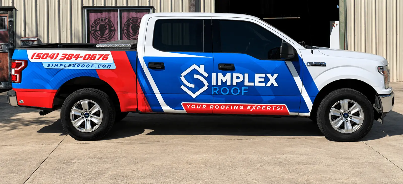 Simplex Roof partial truck wrap