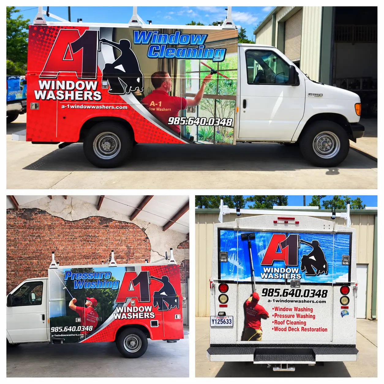 A1 Window Washers partial van wrap with red, black, and blue service graphics