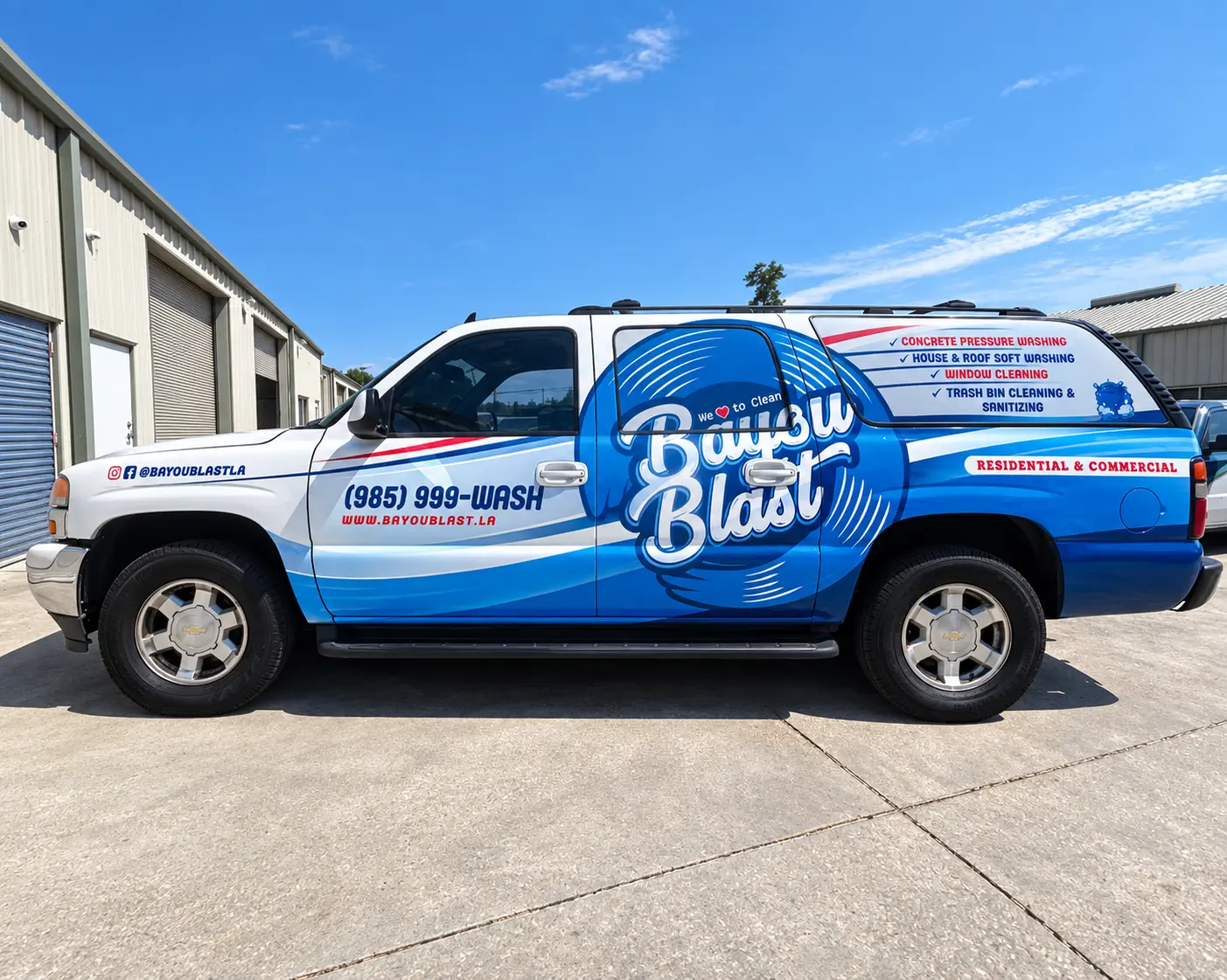 Bayou Blast Wash blue SUV wrap for pressure washing services