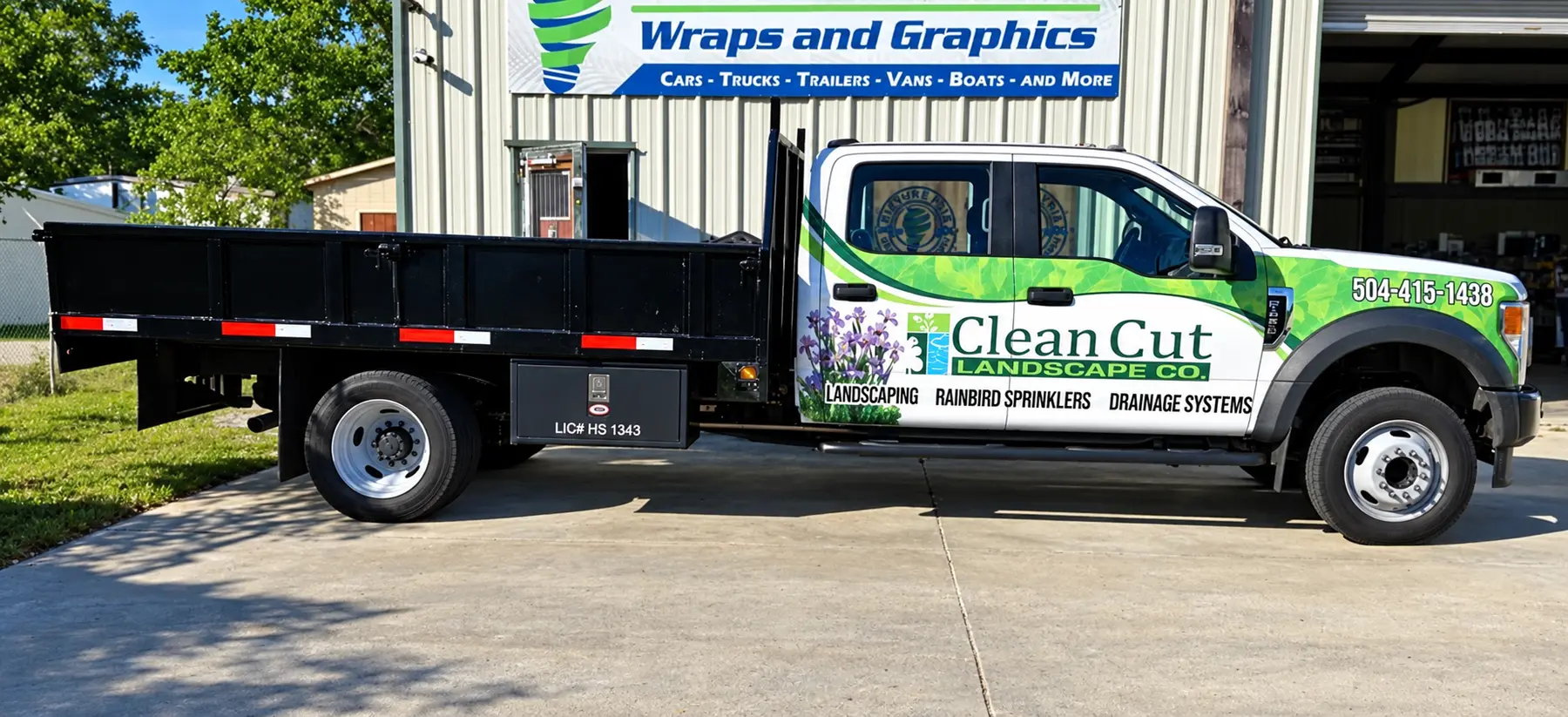 clean cut landscape flatbed truck wrap