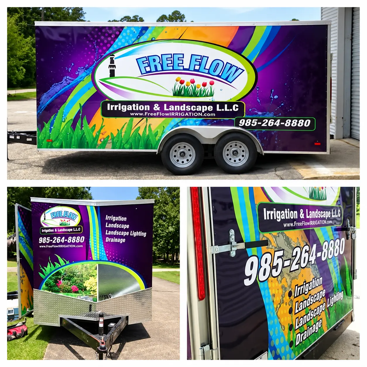 Free Flow irrigation and landscape trailer wrap collage