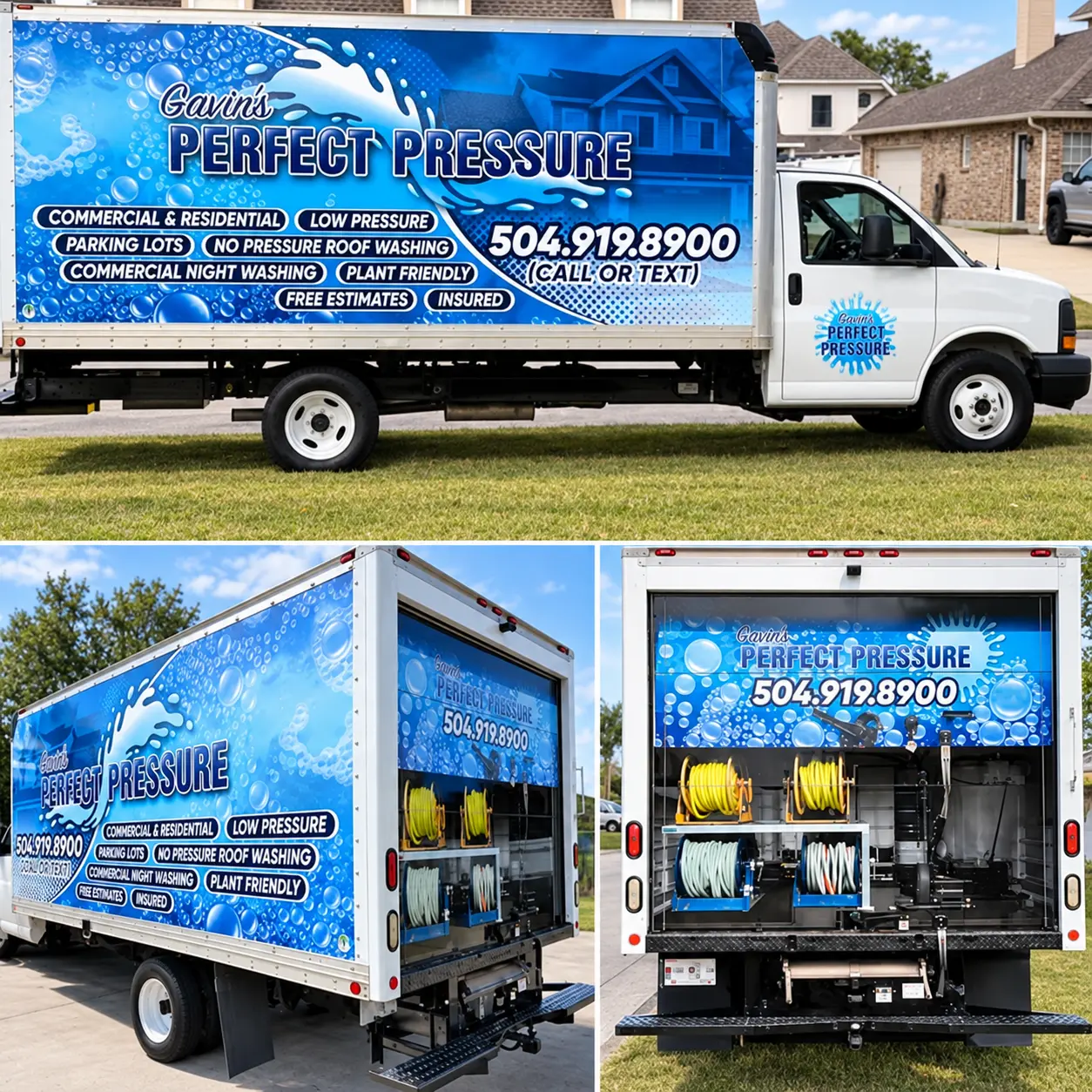 Gavin's Perfect Pressure blue box truck wrap for pressure washing