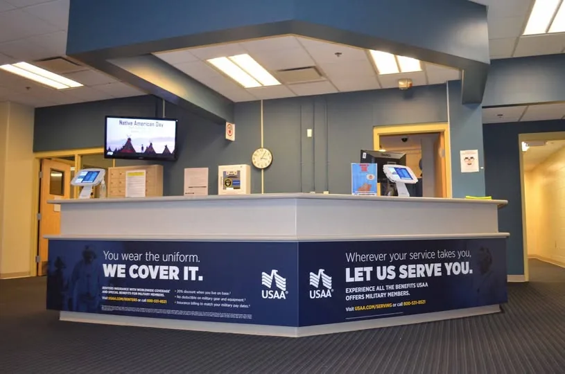 USAA service counter graphics inside a public service office
