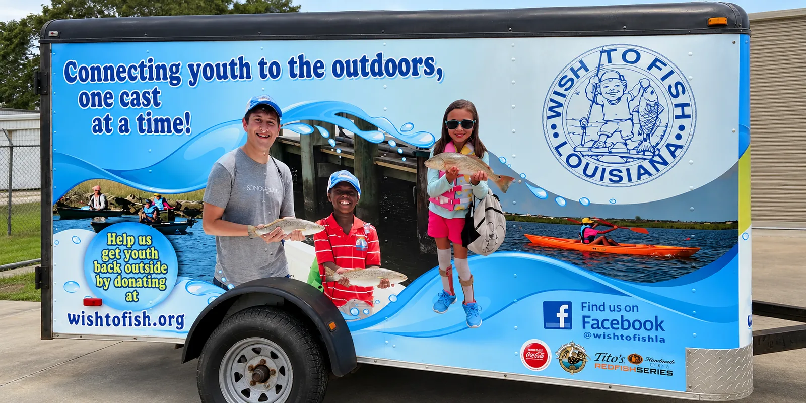 Wish to Fish Louisiana youth fishing trailer wrap, single side view