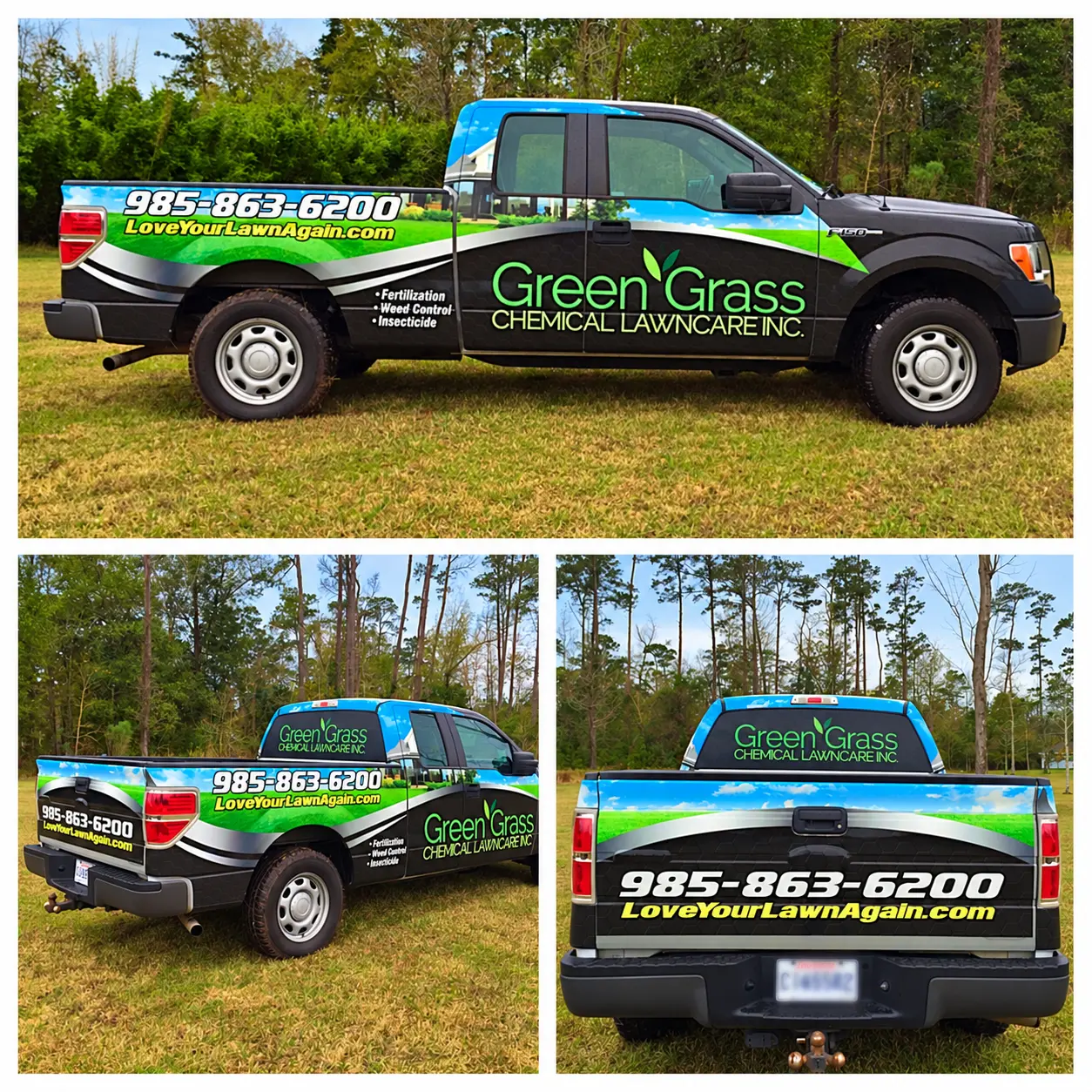 Green Grass Chemical lawn care pickup truck wrap collage