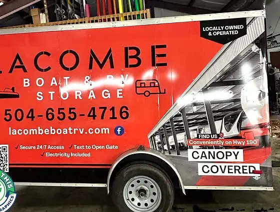 Lacombe Boat and RV Storage trailer wrap