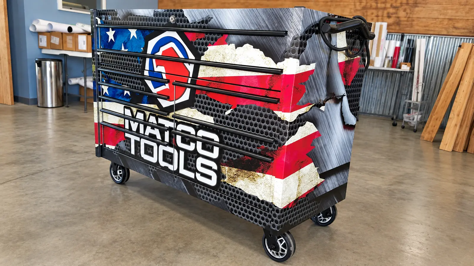 Custom Matco Tools toolbox wrap in red white and blue