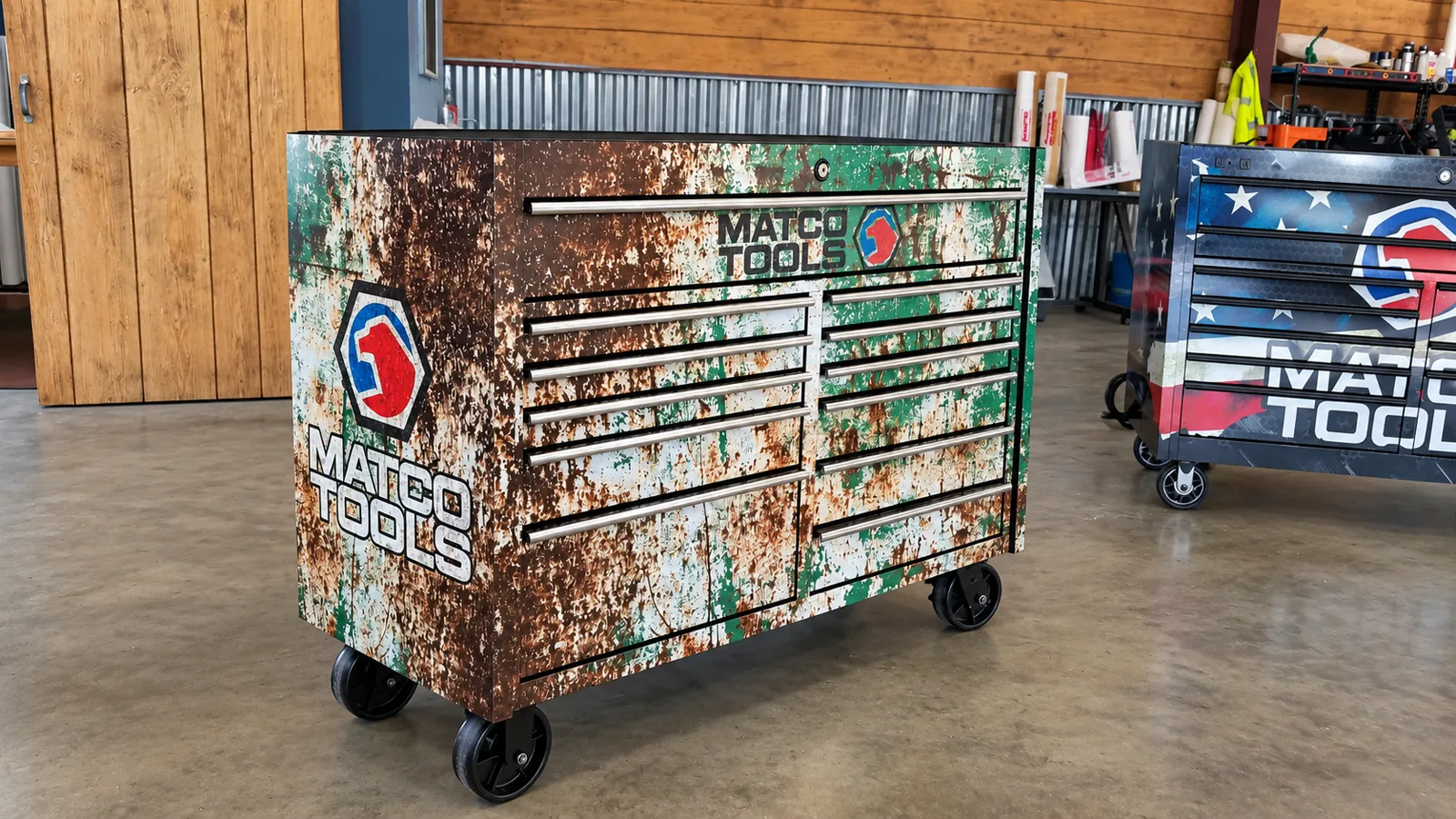Custom Matco Tools toolbox wrap with rustic finish