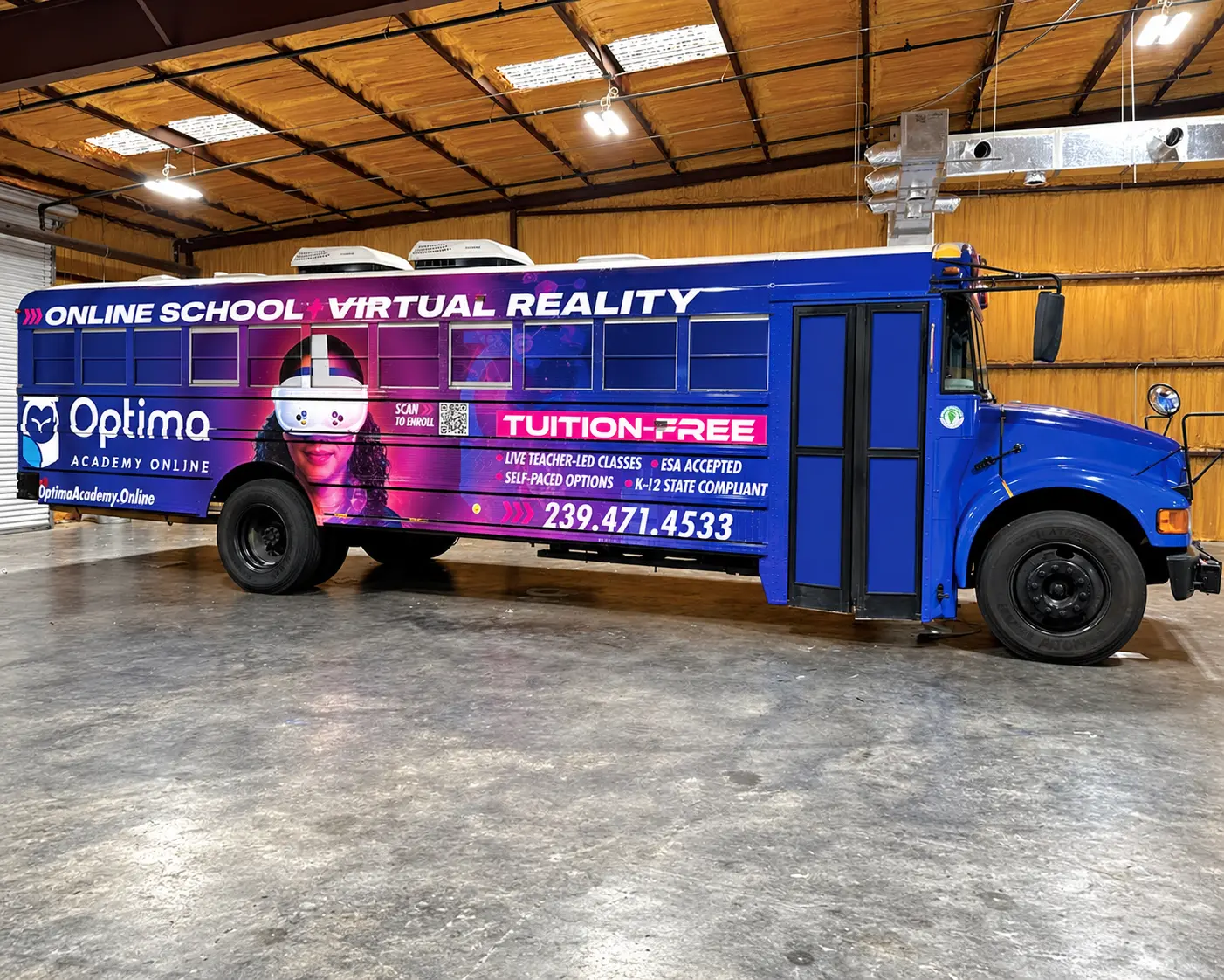 Optima Academy virtual school bus wrap