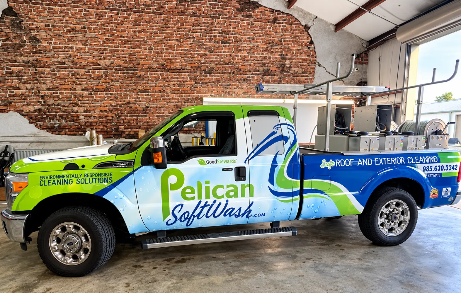 Pelican SoftWash green and blue pickup truck wrap