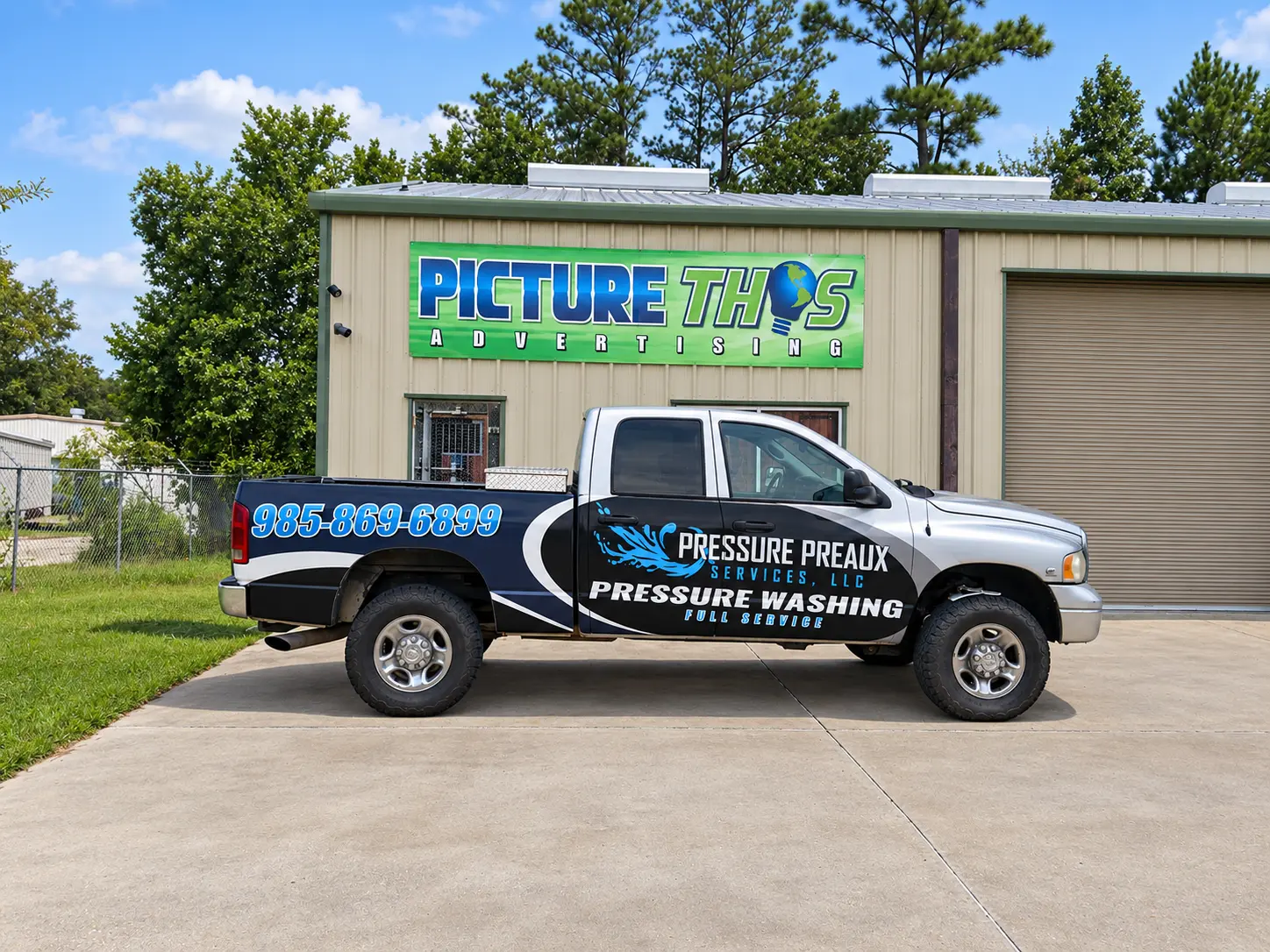 Pressure Preaux pickup truck partial wrap with blue water graphics