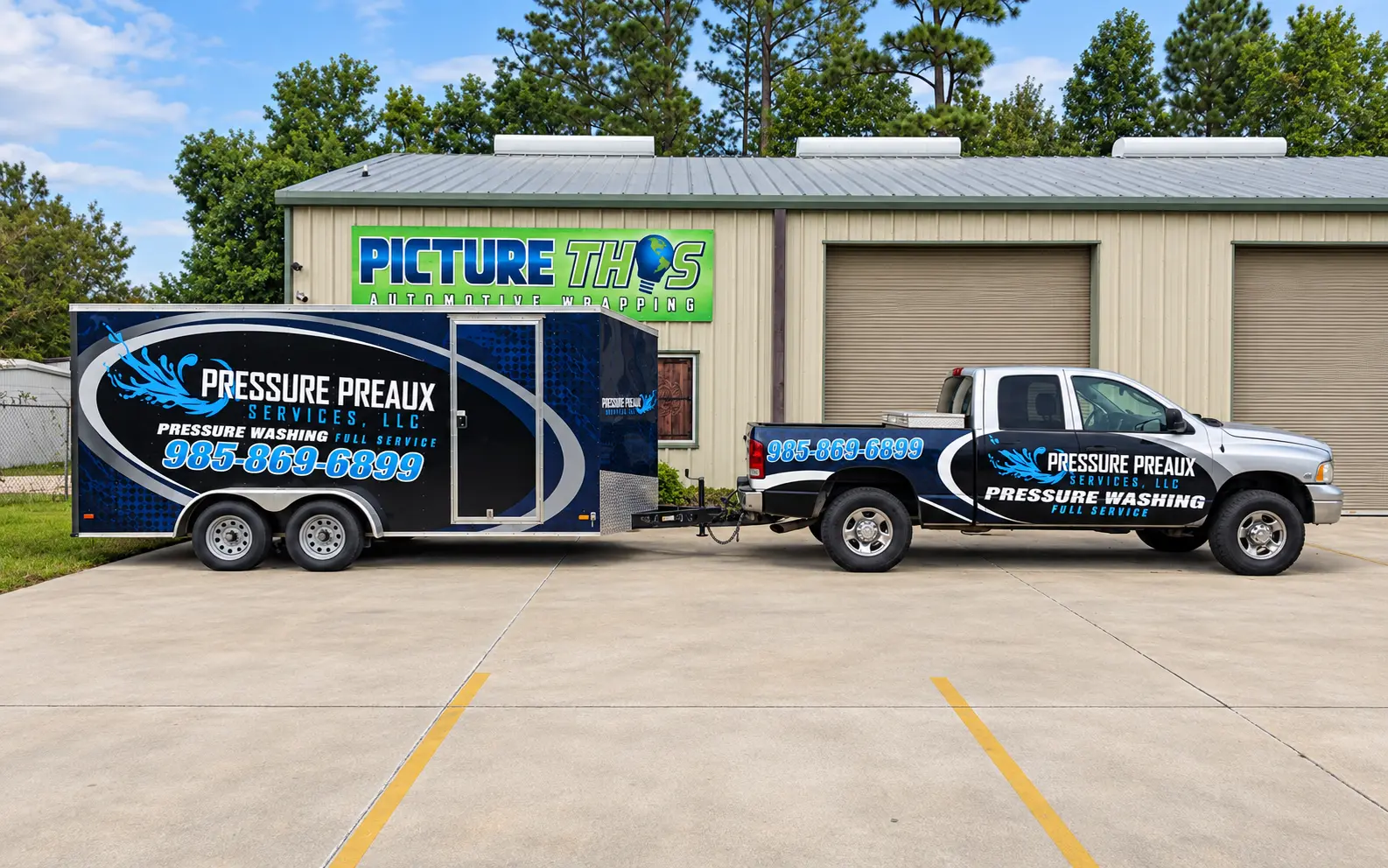 Pressure Preaux matching pressure washing truck and trailer wraps