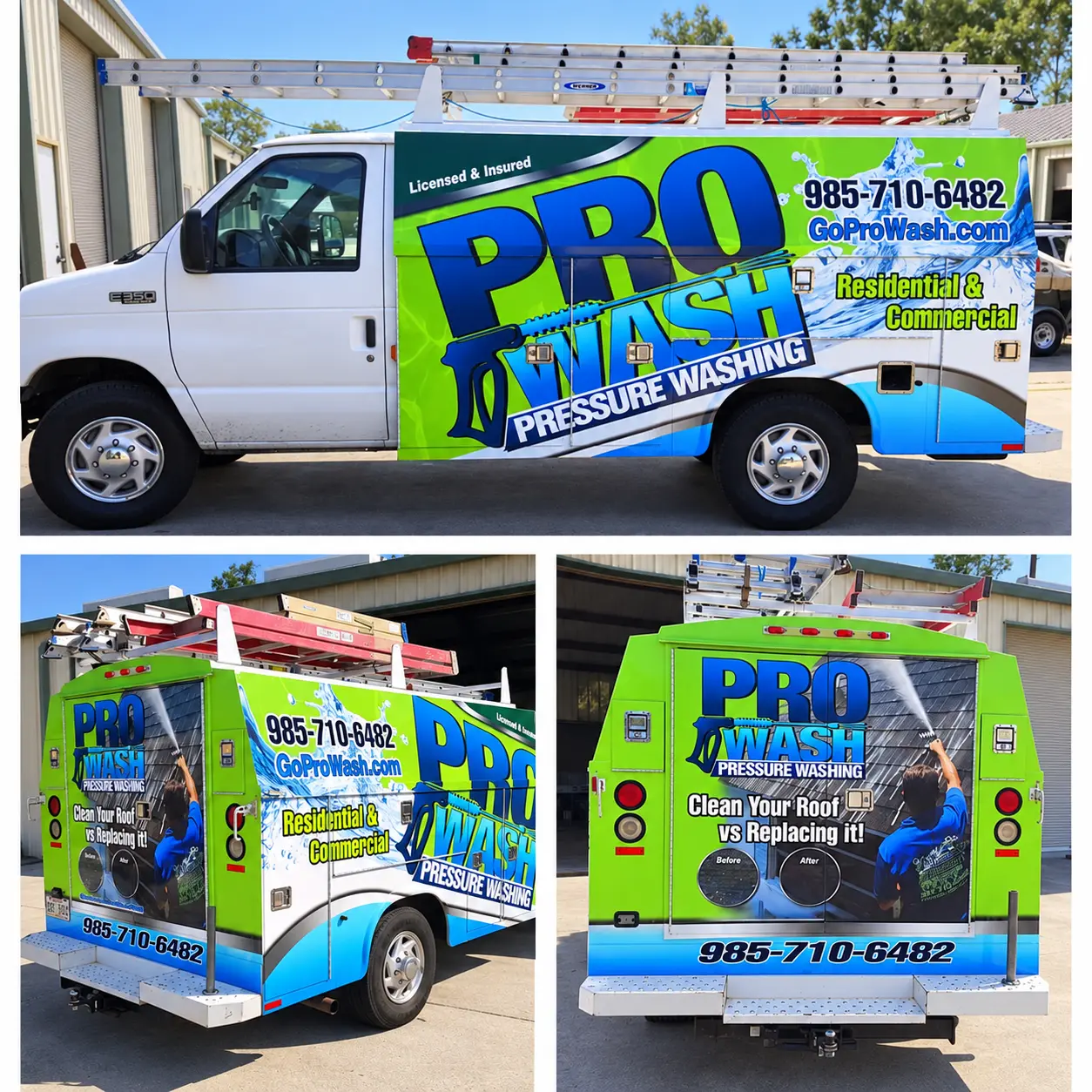 ProWash partial van wrap with bright green and blue graphics