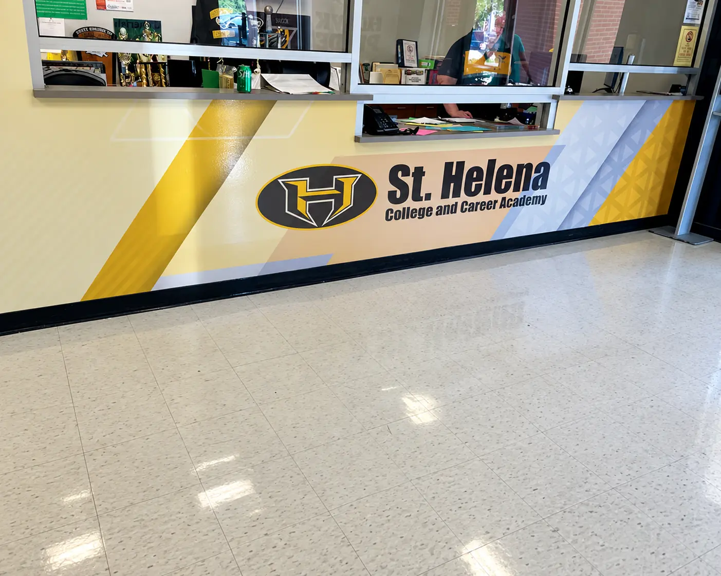 St. Helena College and Career Academy entrance desk graphics