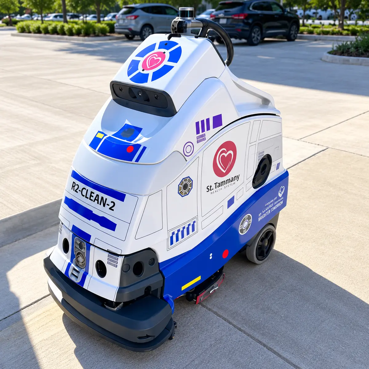 St. Tammany Health branded floor scrubber wrap
