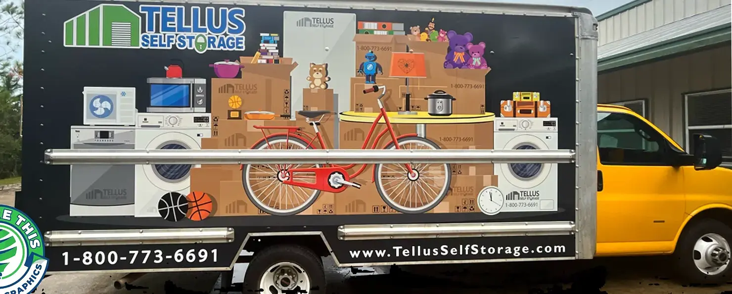 Tellus Self Storage branded box truck wrap