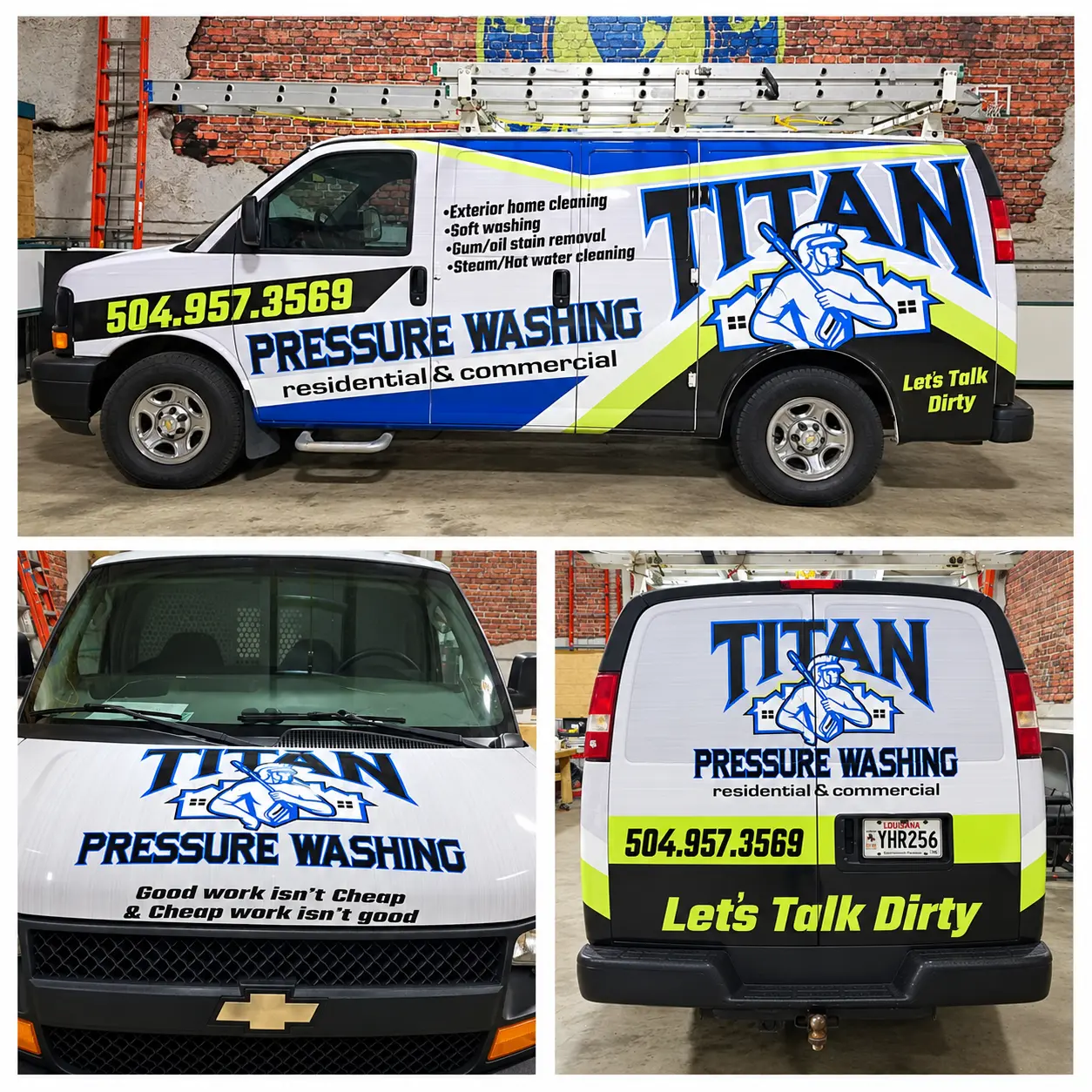 Titan Pressure Washing full vehicle wrap with blue and green graphics