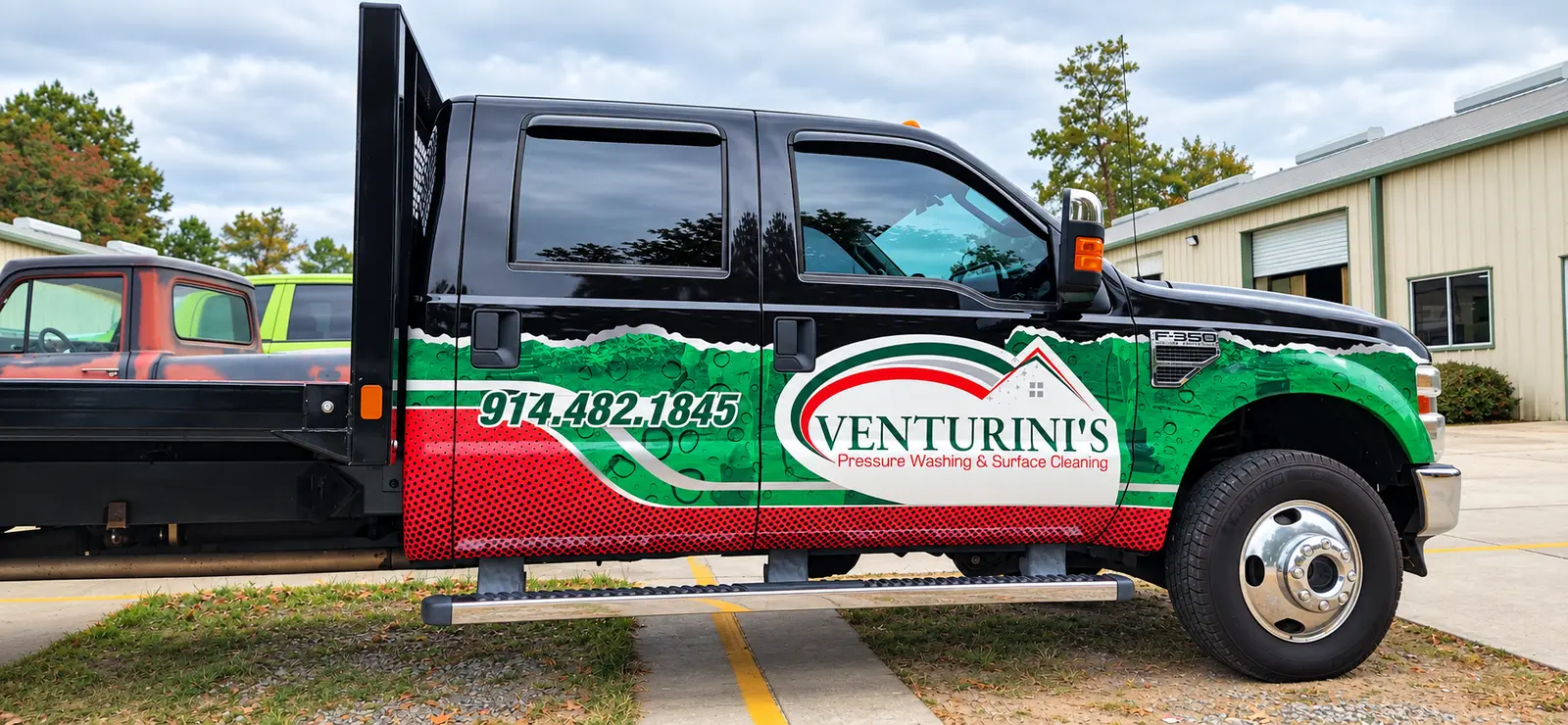 Venturini's pressure washing flatbed truck wrap