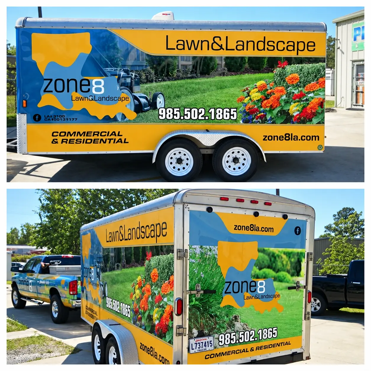 Zone 8 lawn and landscape trailer wrap collage