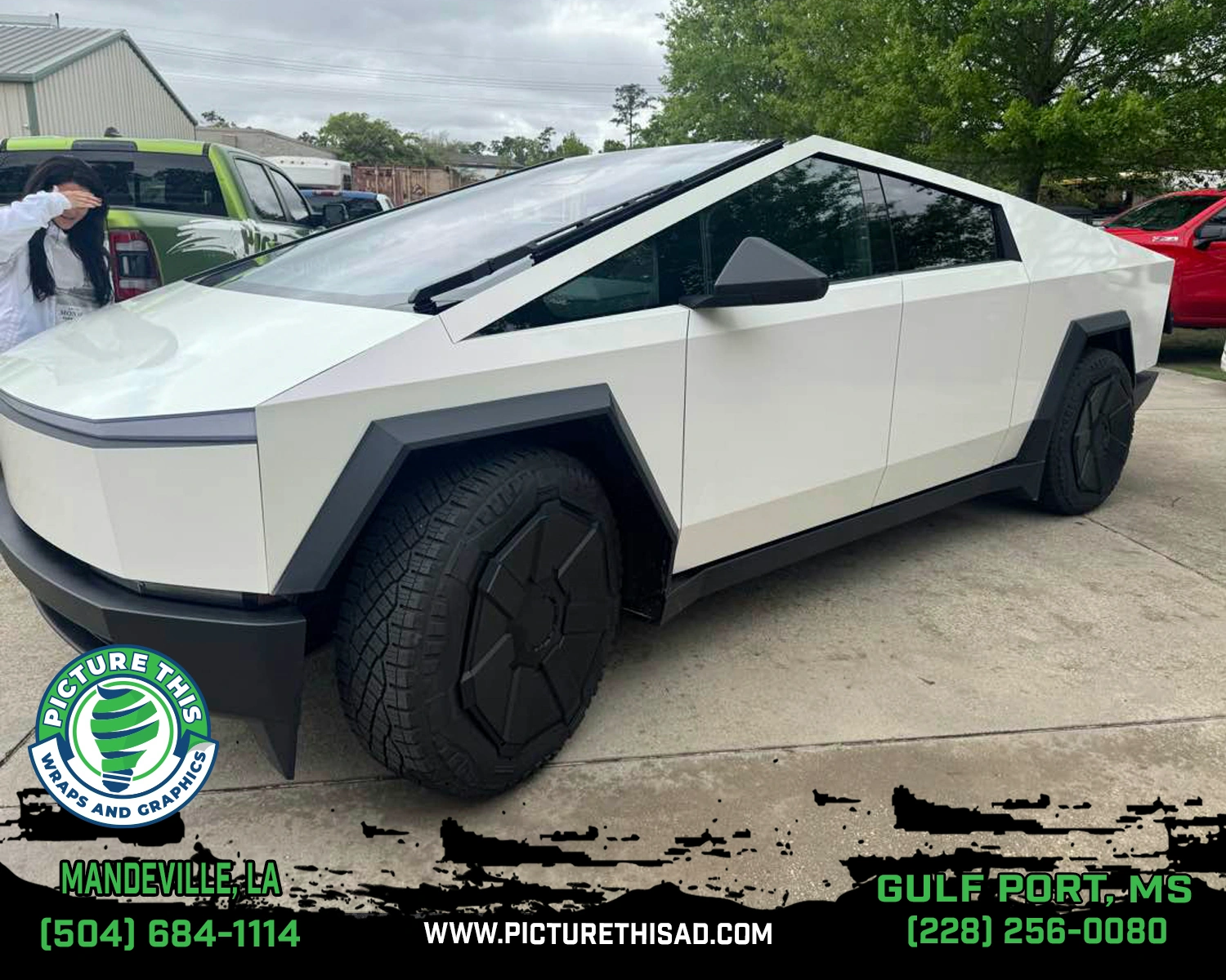 White Cybertruck vehicle wrap by Picture This Wraps and Graphics