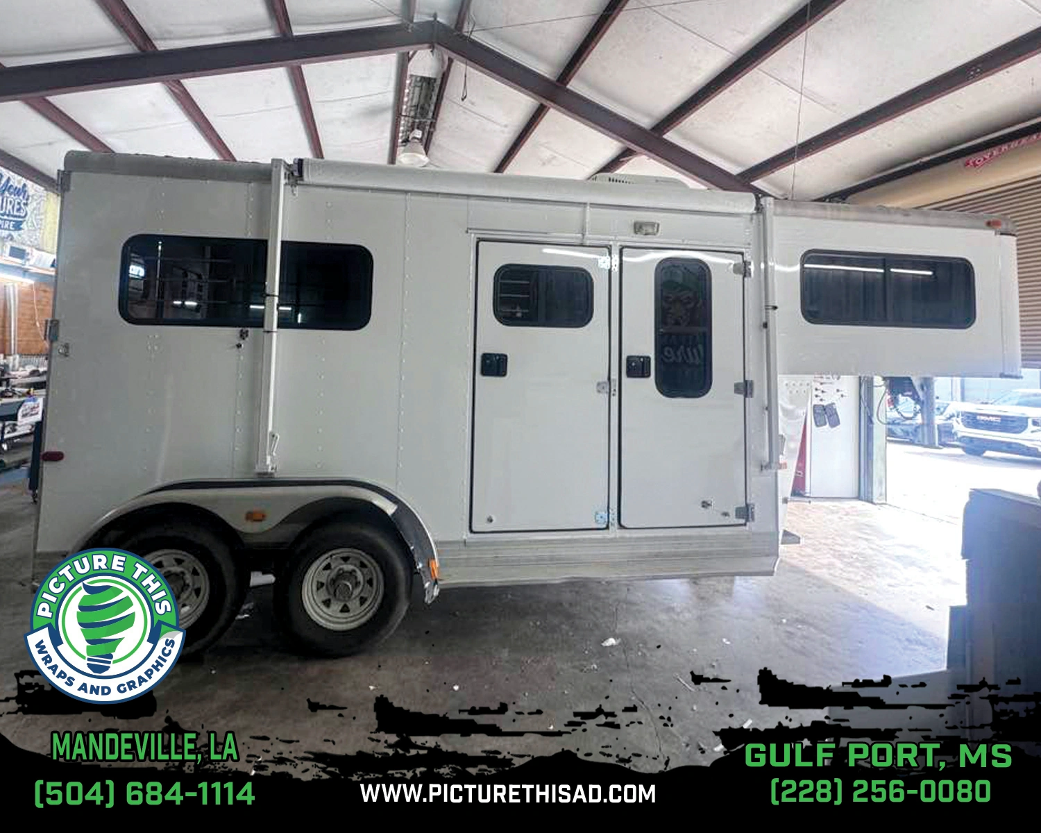 Custom white horse trailer graphics by Picture This Wraps and Graphics