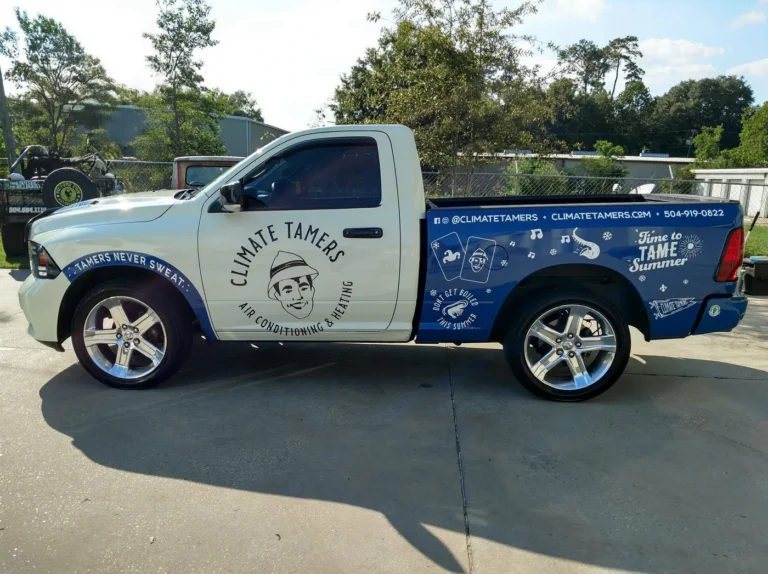 Climate Tamers blue custom HVAC work truck graphics