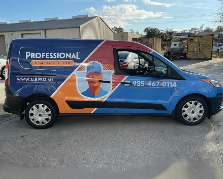 Professional Heating and Air blue and orange company van graphics
