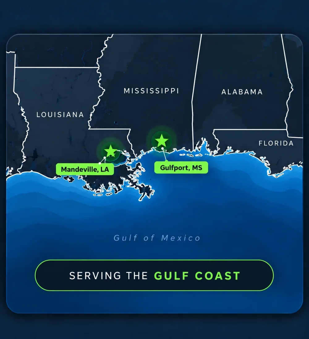 Illustrated Gulf Coast territory map identifying Picture This Wraps & Graphics in Mandeville, Louisiana and Gulfport, Mississippi, including Louisiana, Mississippi, Alabama, and Florida Panhandle