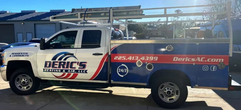 Deric's Heating and Air branded pickup service truck