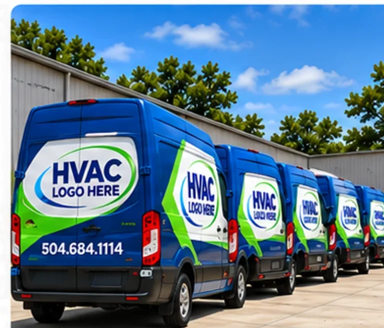 Matching fleet of blue HVAC service vans with HVAC LOGO HERE and phone 504.684.1114
