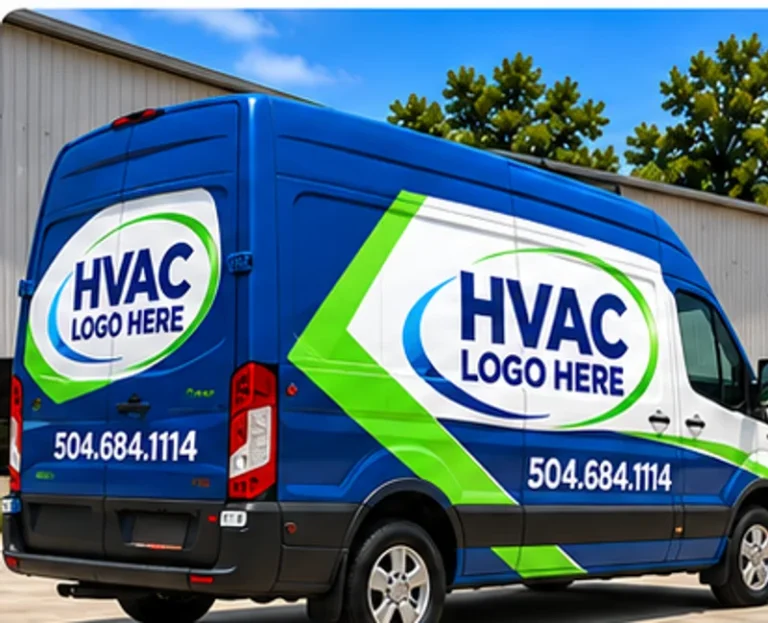 Full HVAC wrap coverage concept on a blue service van with green and white accents, HVAC LOGO HERE and phone 504.684.1114
