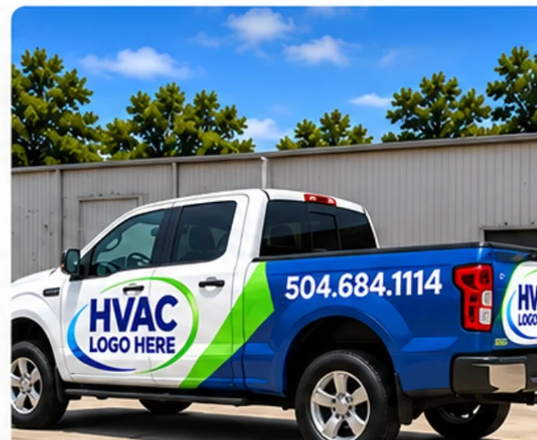 Partial HVAC wrap concept on a white pickup with blue and green graphics, HVAC LOGO HERE and phone 504.684.1114