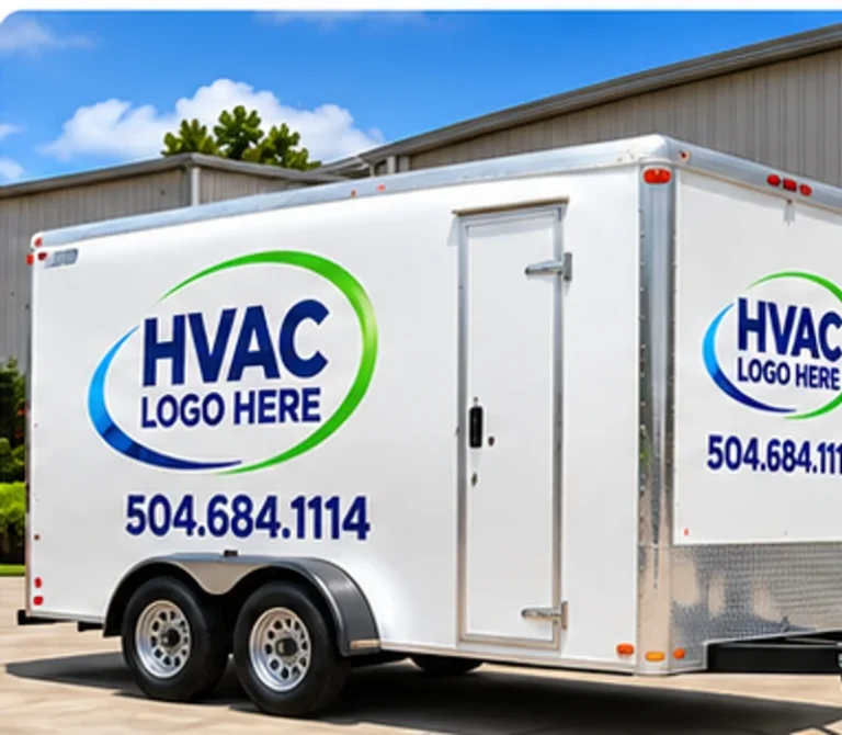 Spot graphics on a white 12-foot enclosed cargo trailer with HVAC LOGO HERE and phone 504.684.1114, no bottom swoosh