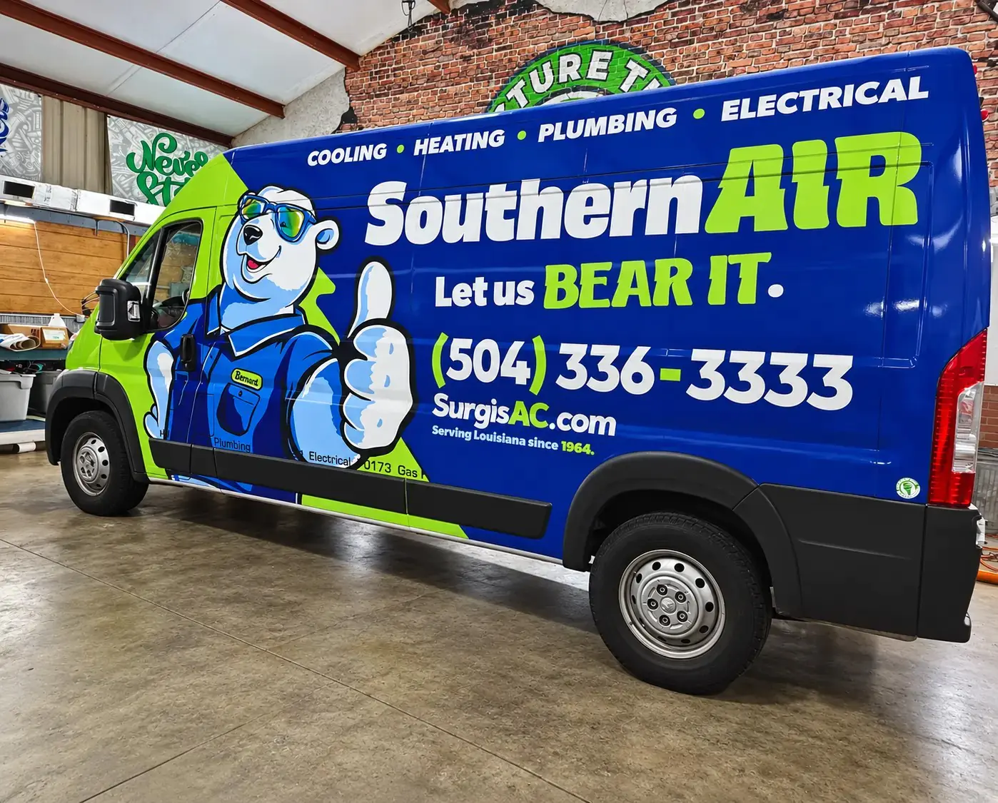 Southern Air service van with blue and green commercial wrap at Picture This Wraps & Graphics